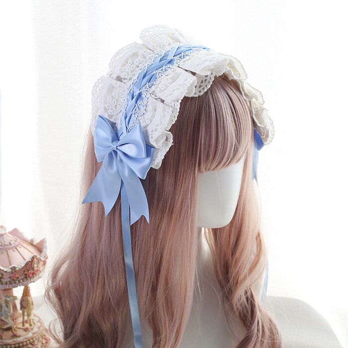 Japonais doux soeur Lolita blanc casque de dentelle bandeau fée soeur bandeau de cheveux sauvage doux soeur Lolita petits cheveux KC: Light Blue