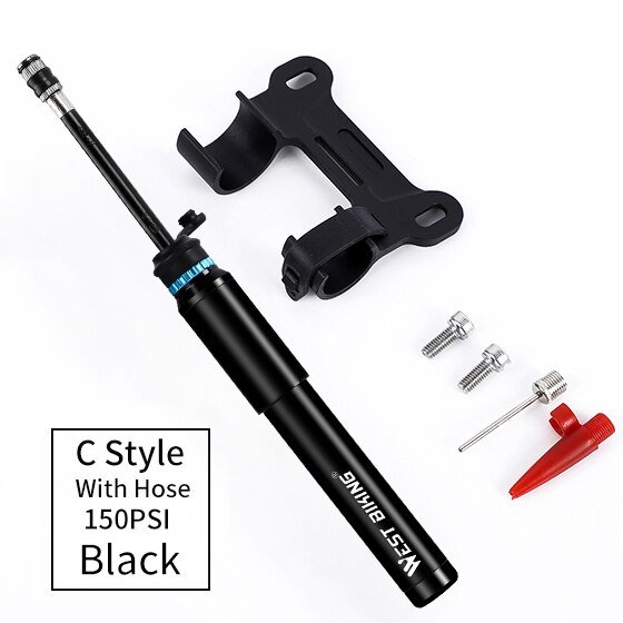 WEST BIKING 160 PSI Portable Mini Bicycle Pump MTB Mountain Bike Pump High Pressure Cycling Hand Air Pump Ball Tire Inflator: C Black 150PSI