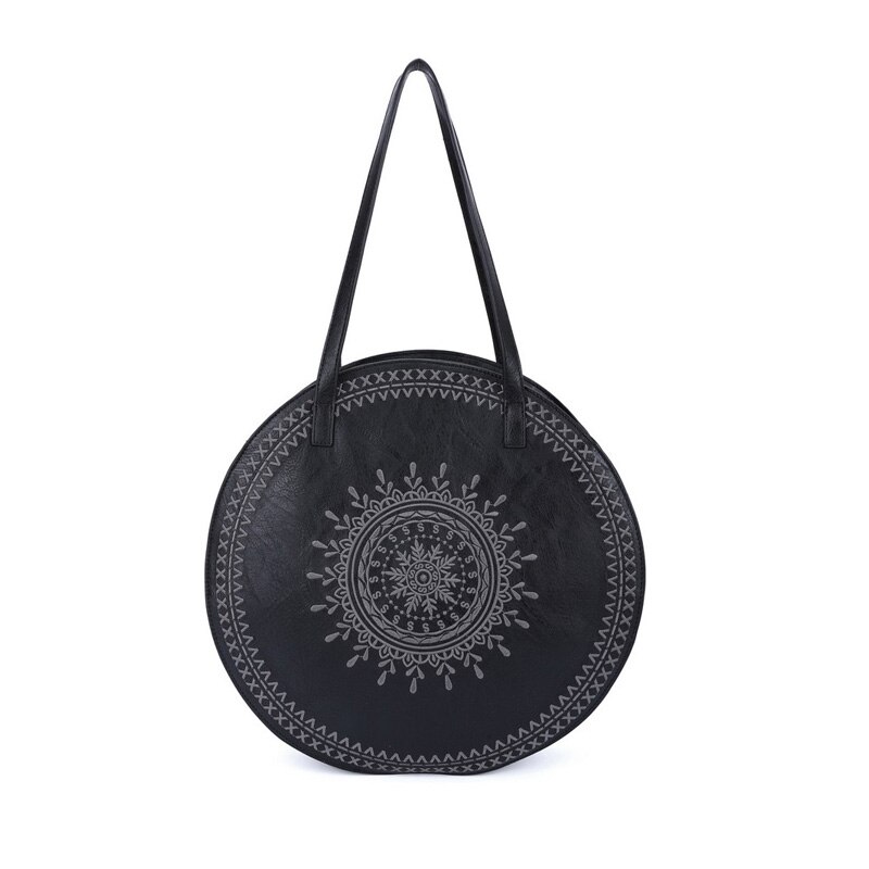 Giovanna Milano Bolso grande de playa de verano Bolso de hombro con dibujos bordados Bolsos redondos con bolsillo Interior y cremallera compartimientos abiertos de compras informal vintage bohemian mujer T11086: Negro