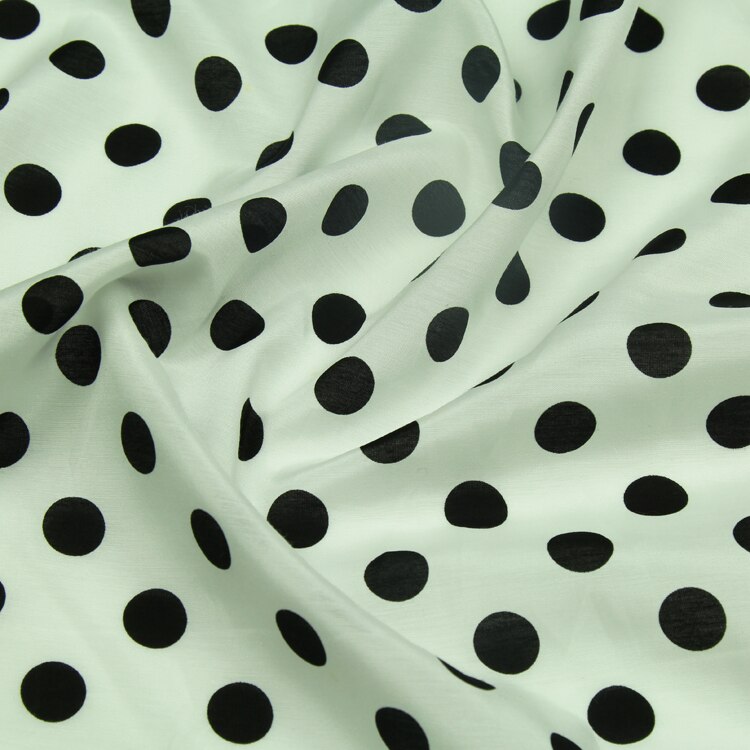Black polka dot print on white bottom silk and cotton blended fabric,SCT574