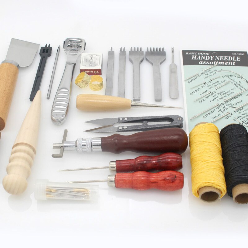 Leather Craft Hand Stitching Sewing Tool Kit Skiving Sewing Tool Set Thread Awl Waxed Tweezers Thimble Groover