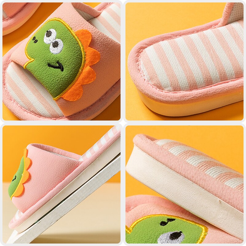 Printemps automne enfants pantoufles pour garçons filles fond souple anti-dérapant intérieur maison chaussures enfants dinosaure respirant lin pantoufles