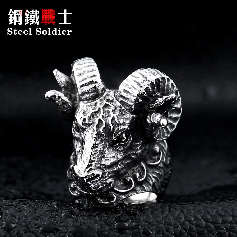 Stalen soldaat, enorme tibetaanse antilope ring, cool dier, roestvrijstalen sieraden, ring, punk, unieke heavy metal sieraden