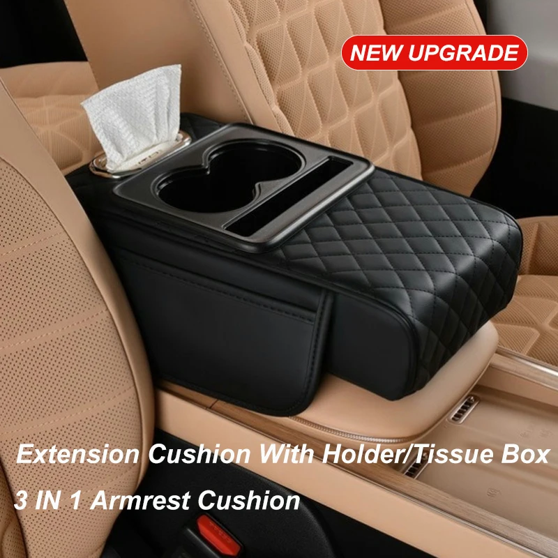 Auto Armsteun Middenconsole Kussen Dikker Armsteun Box Pad Zijverlenging Kussen met Bekerhouder Tissue Box Organizer Bag