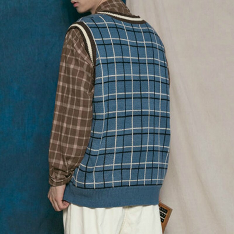 Gilet Sans Manches Homme - Col V, Carreaux, Boutons - Laine Mélangée, Chaud - Pour Automne/hiver, Style Casual Ou Smart