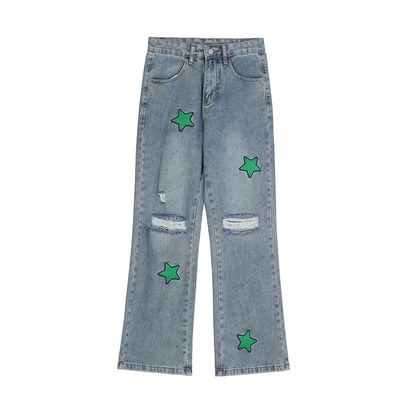 Pu wyszywane litery poszarpane dziury proste dżinsy dla mężczyzn główna ulica myte retro łączone dorywczo spodnie jeansowe luźne ponadgabarytowe