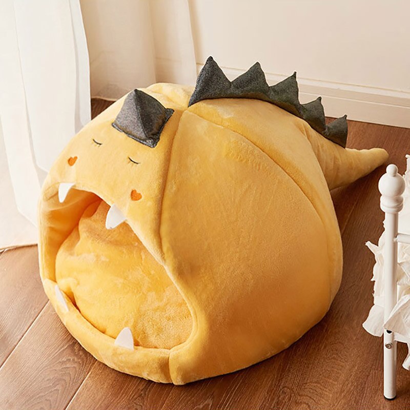 Comfy Pet Sleeping House For Small Dog Dinosaur Shape Soft Round Pet Cat Bed Cushion Detachable Washable Kitty Puppy Accessories: Yellow / S For Pet Within 2kg
