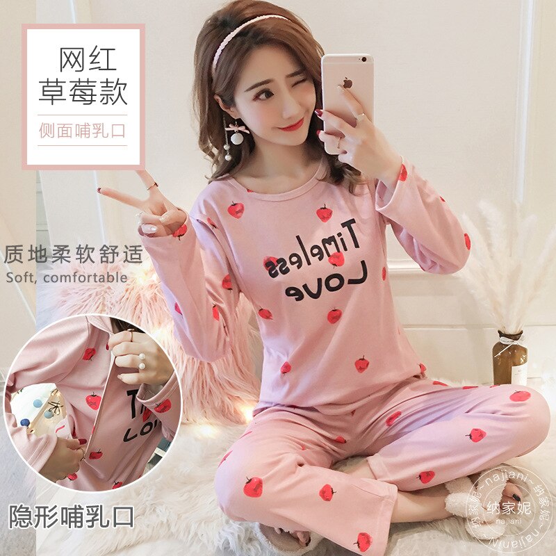 Printemps été maternité pyjamas allaitement femmes enceintes allaitement pyjama ensemble haut pantalon vêtements de nuit grossesse chemise de nuit vêtements: 1 / XL