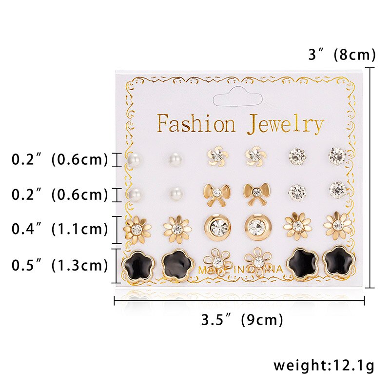 12 Pairs/set Classic Crystal Stud Earring Sets Women's Round Ball Metal Pearl Flower Earrings For Women Girl Mixed Jewelry: type 8