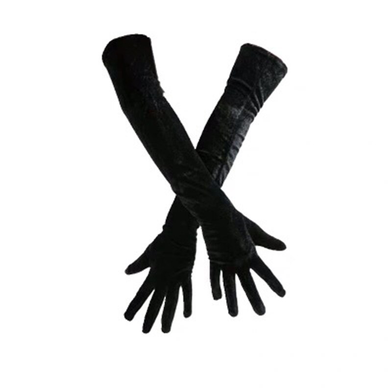 Eleganti guanti da sera in velluto dorato femminile guanti invernali sottili a dito pieno 43cm lunghi Sexy neri elastici caldi guanti da guida H47
