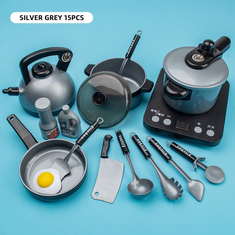 Zabawki kuchenne dla dzieci symulacja naczynia kuchenne jedzenie garnek Pan dzieci udawaj zagraj w zestaw kuchenny zabawki dla dziewczynek lalka jedzenie: big size Silver15pcs