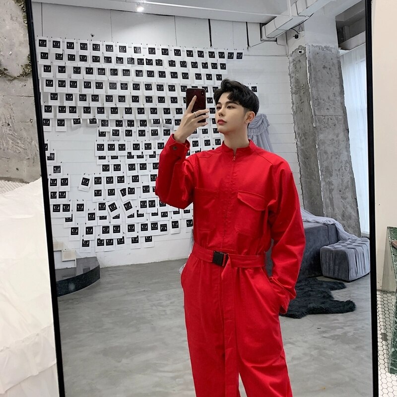 Multi-pocket Jumpsuit Mens Hip Hop One Piece Overalls Spring Autumn Youth Casual Tooling Long Sleeved Trousers