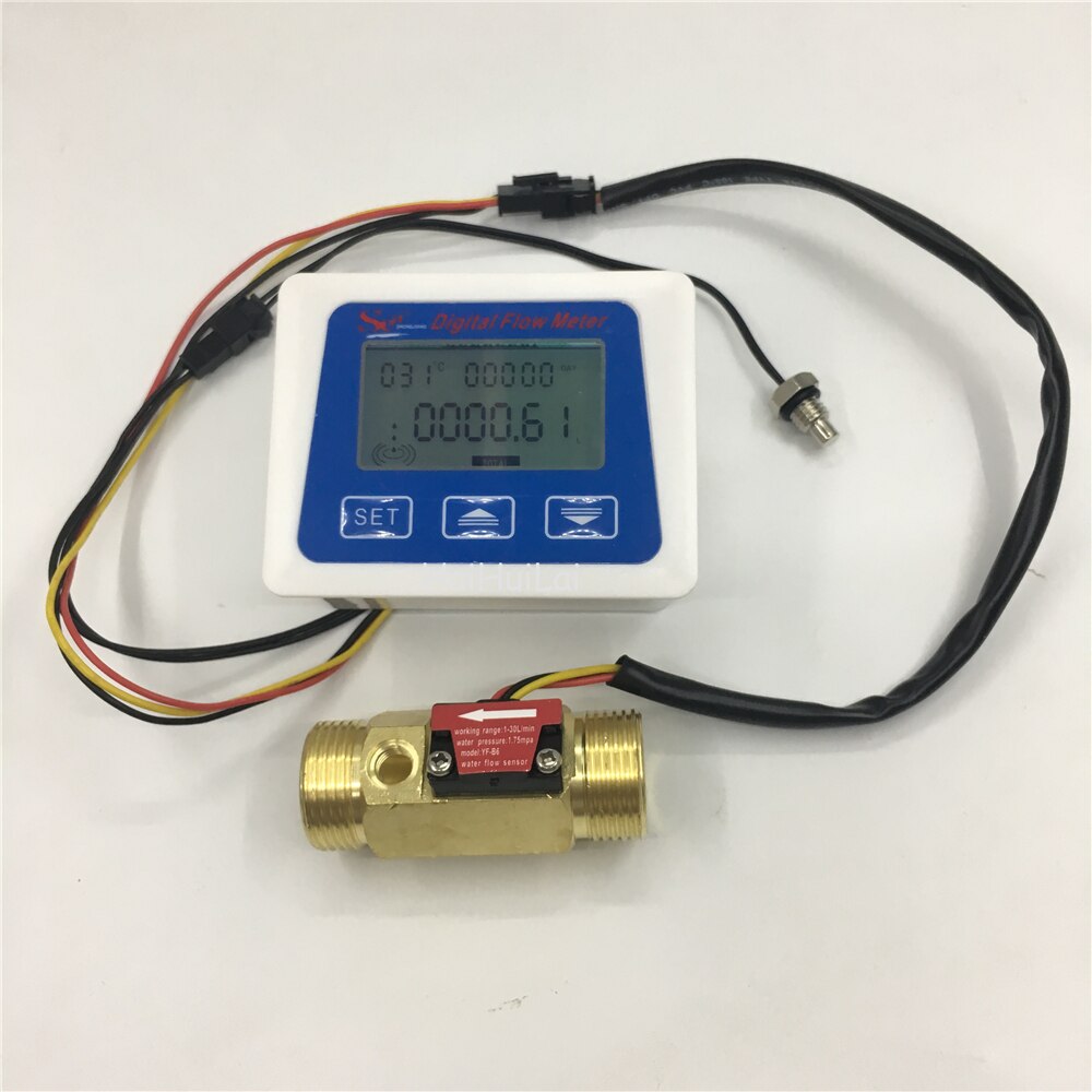 3/4 "messing flow sensor temperatur måling yf -b6 hall sensor + meter lcd display digital flowmåler