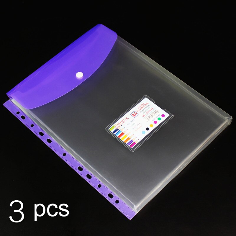 Bolsa de documentos transparente A4 de 3 piezas, carpetas de archivos de hojas sueltas de 11 agujeros, bolsa de información gruesa de película protectora a presión de gran capacidad: A purple