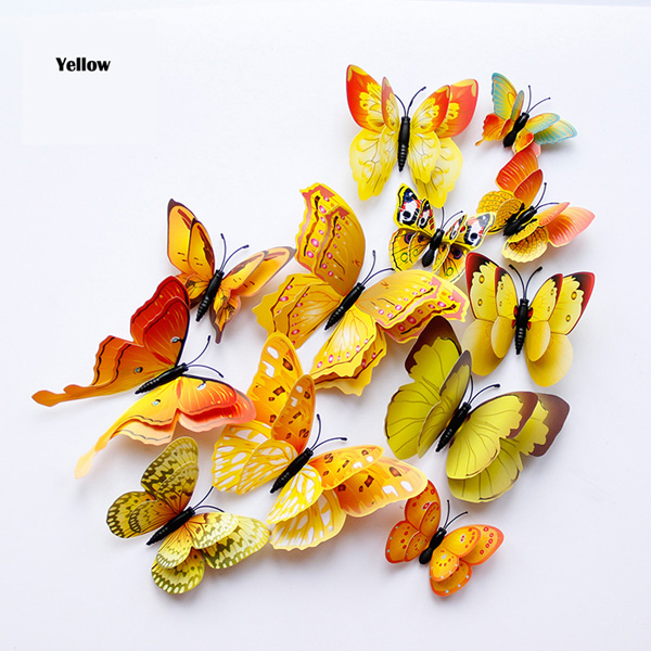 12Pcs Dubbele Laag 3D Vlinder Muur Sticker Op De Muur Home Decor Vlinders Voor Decoratie Magneet Koelkast Stickers: Yellow