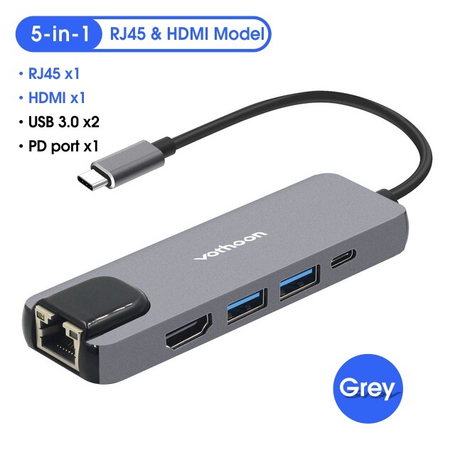 Vothoon USB Type C HUB USB 3.0 HDMI USB HUB voor MacBook Pro Air Kaartlezer VGA RJ45 Ethernet USB Splitter 8 Poort Type C HUB: 5-in-1 Model