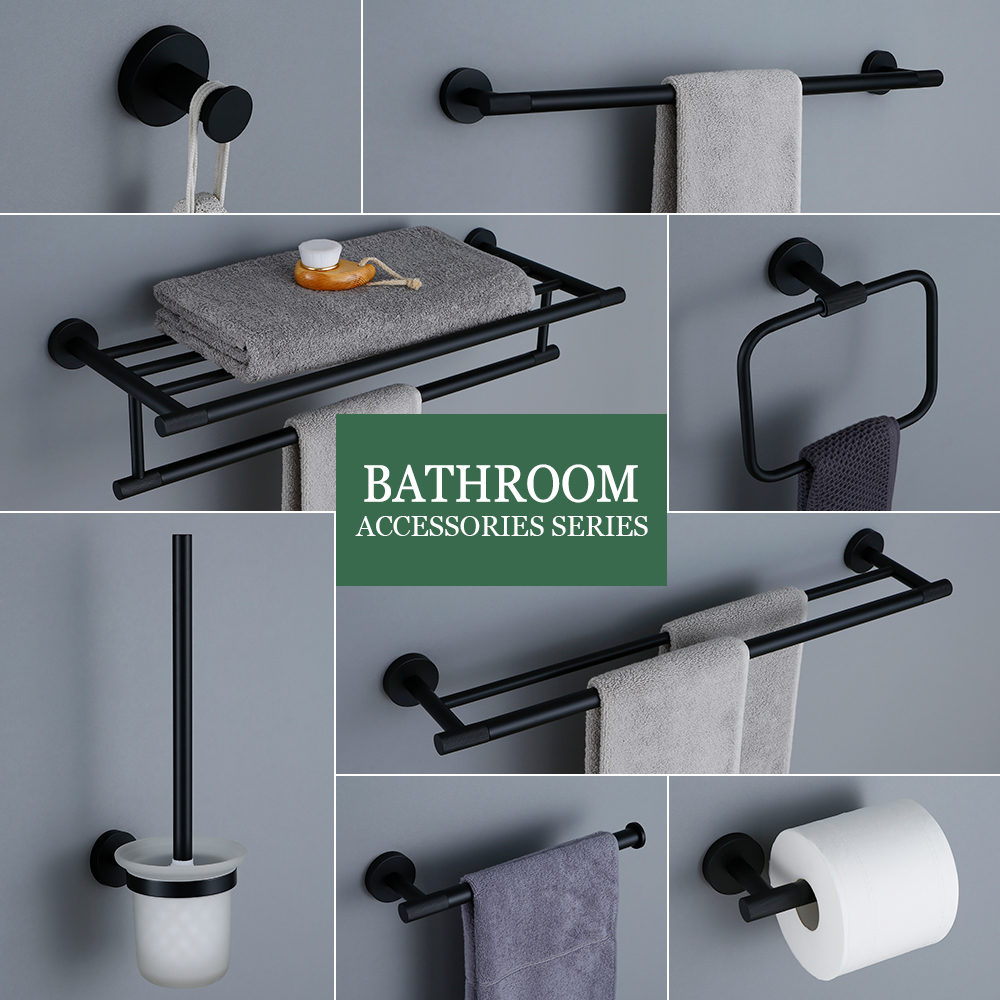 Zwarte Badkameraccessoires Messing Kartelset Papierhouder Handdoekenrek Plank Enkele Handdoekhouder Toiletborstelhouder Haak