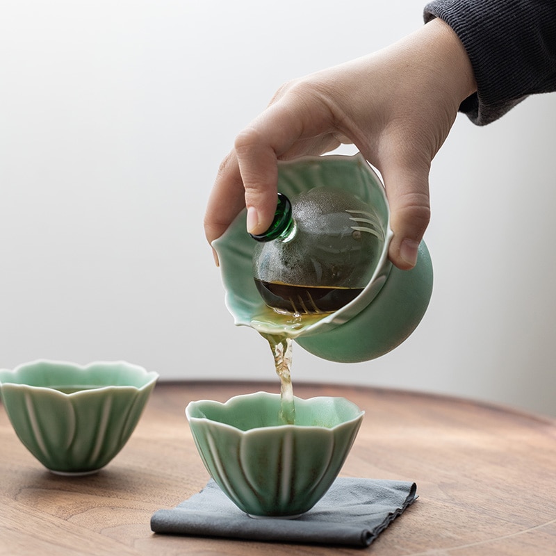 Tangpin grønne keramiske tekanner gaiwan med 2 kopper bærbare reise te sett drinkware