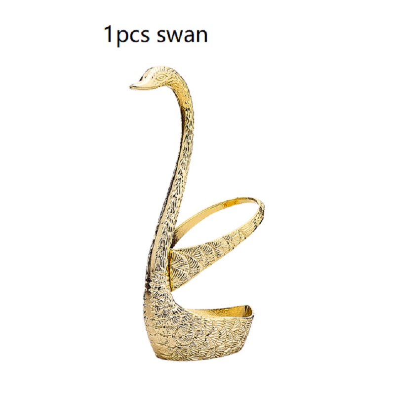 7 Pcs Swan Base Holder Dinnerware Set Stainless Steel Gold Spoon Fork Cutlery Coffee Cake Fruit Salad Dessert Flatware Teaspoon: Golden Swan