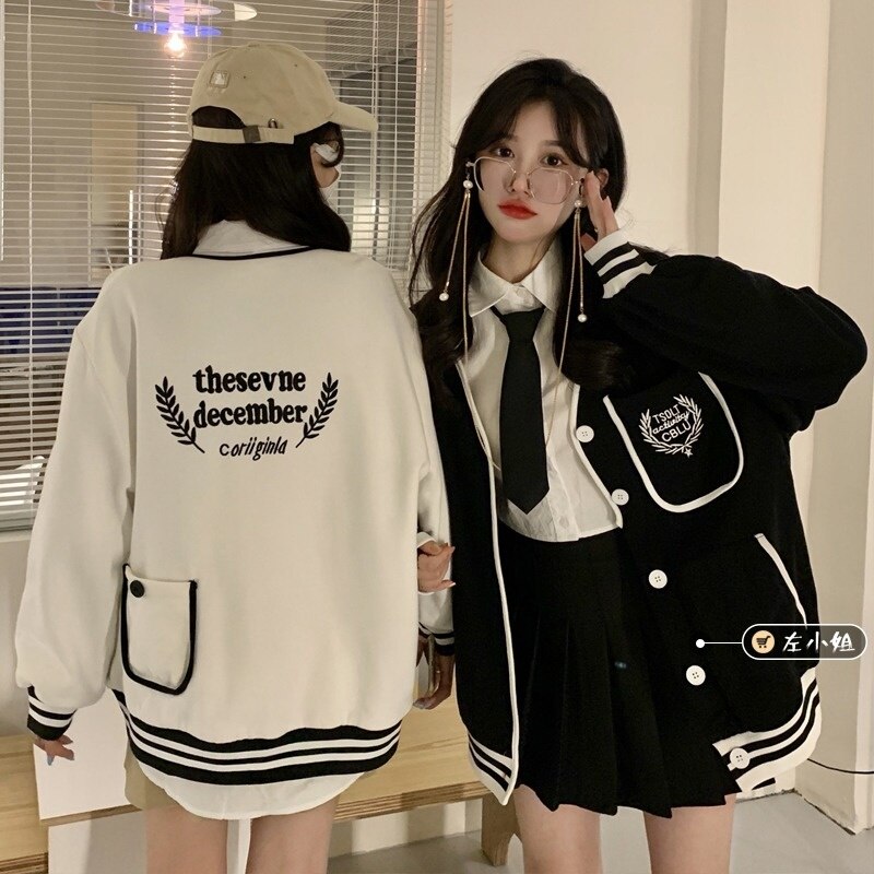 Abrigo de Niña estudiante, chaqueta de béisbol para novia, Rebeca de manga larga suelta Coreana de algodón pequeño americano versátil blanco