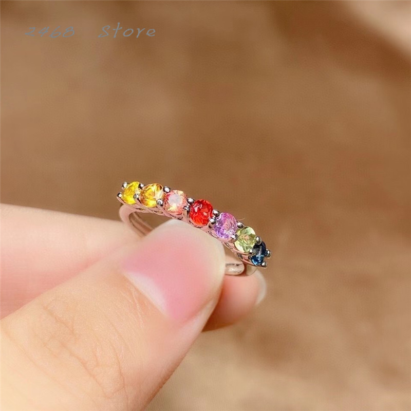 The 925 silver inlaid natural colored sapphire ring, rainbow color, exquisite small row ring, fashionable and versatile