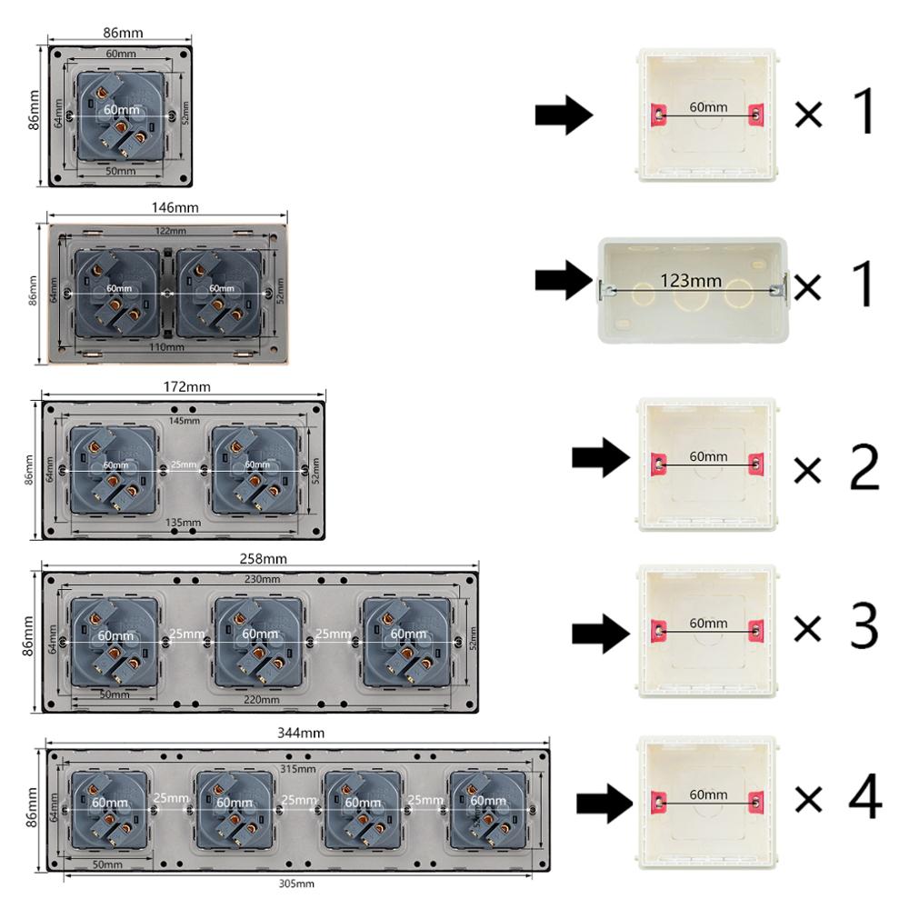 French Power Socket AC110V-250V Standard Plug Wall Socket Single/Double/Triple/Quadruple Socket Black Brushed Aluminum Panel