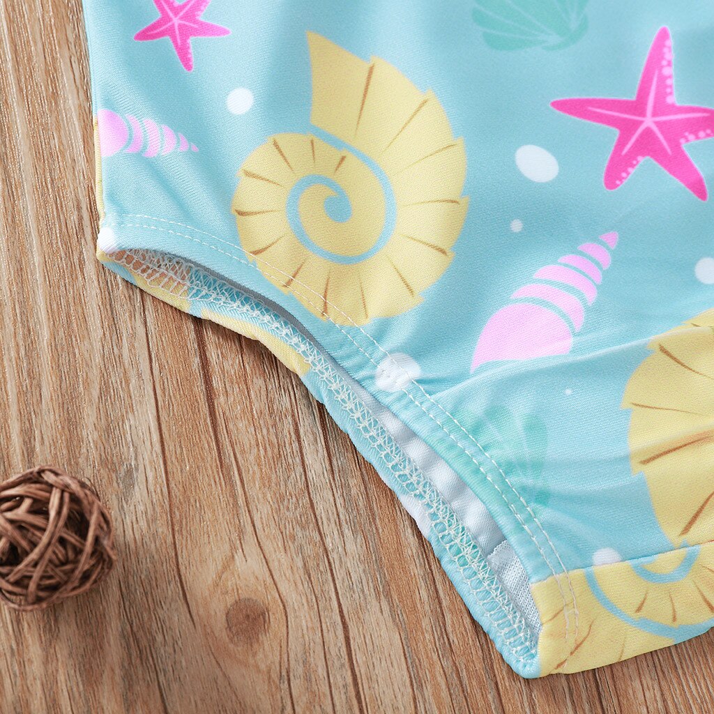 Swimsuit For Girls One-Piece Sleeveless Cartoon Print Ruffle Shoulder Strap Bikini Beachwear Bathing Children's Swimwear