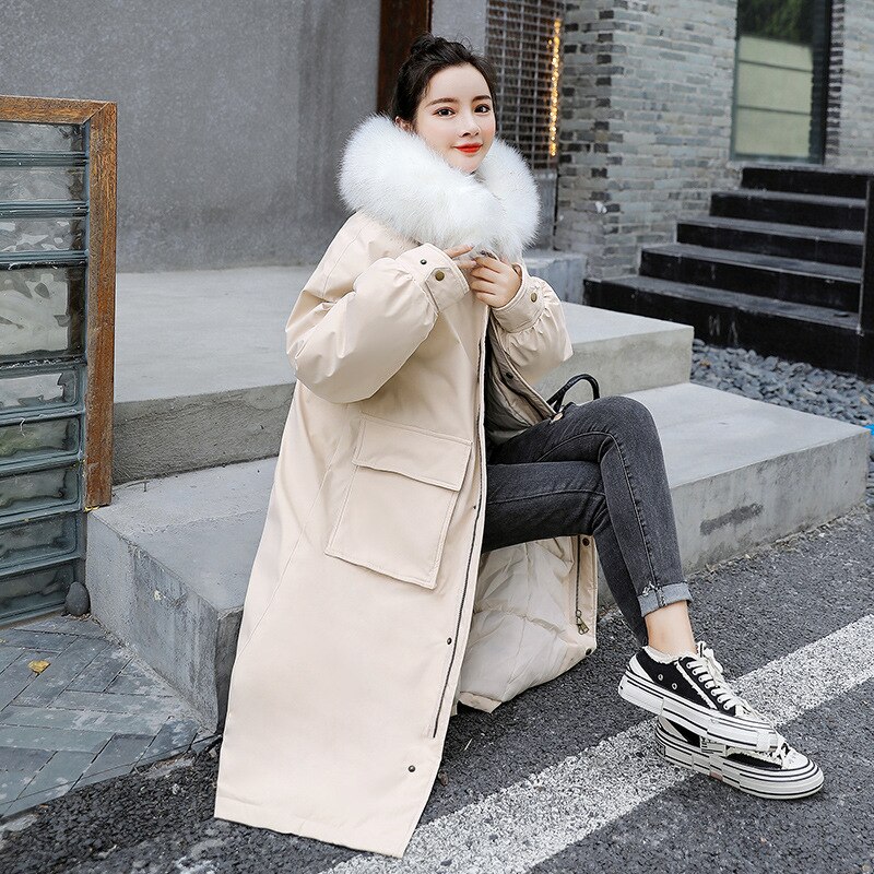 Chic päls kappa luva vinterdunkappa varm jacka lång dam bomull vadderad parkas kran broderad kvinnlig jacka: Beige / Xl -ru 50-56