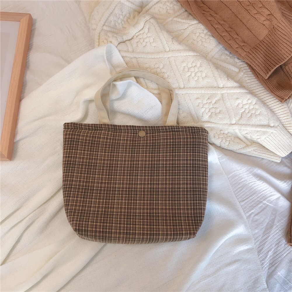 Cotton Fabric Lunch Bag Plaid Small Handbag Portable Food Picnic Bag Women Kids School Lunch Bags Ladies Little Tote Shopping