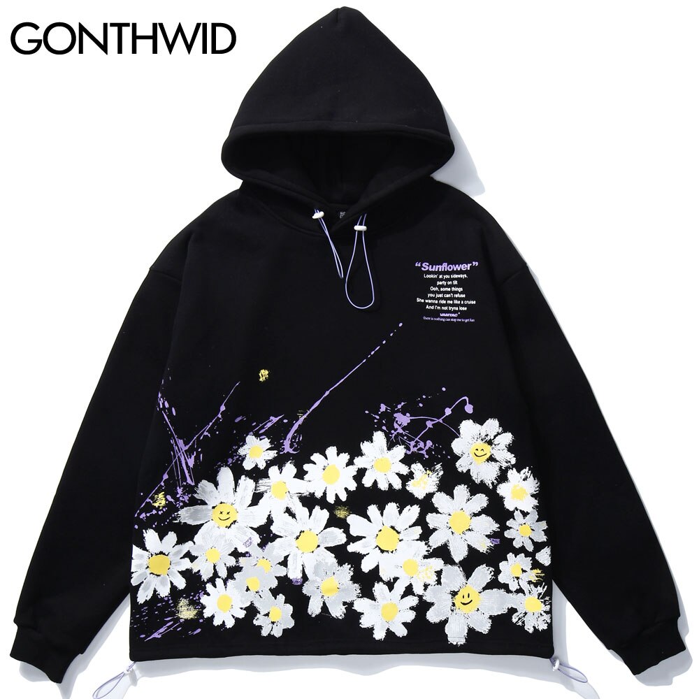 GONTHWID Graffiti Daisy Flowers Floral Print Fleece Hoodies Sweatshirts Mens Harajuku Casual Loose Hooded Tops Outwear Male