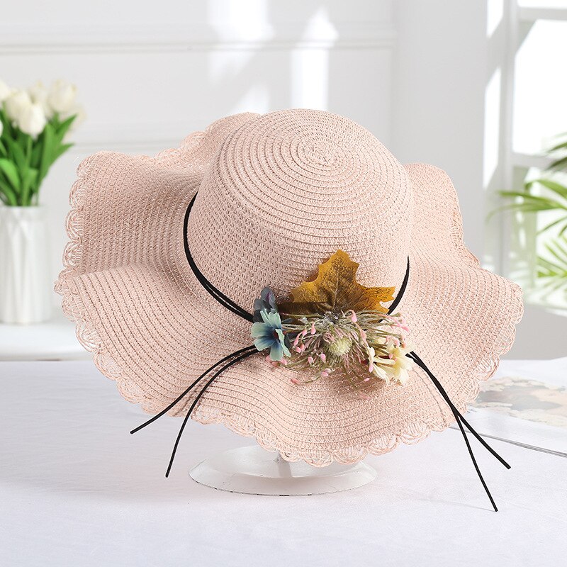 sombrero de novia de playa de verano sombrero de paja de hoja de flores de ala ancha sombrero de mujer de vacaciones de de viaje sombrero de sol YSAN678: Rosa