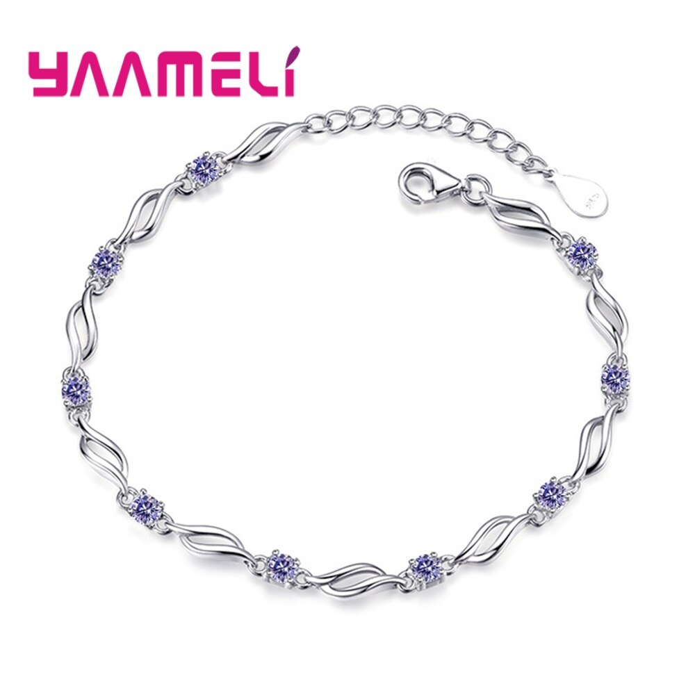 Purple White Zircon Engagement Jewelry for Women Female 925 Sterling Silver Link Chain Bracelets Bangles Graceful