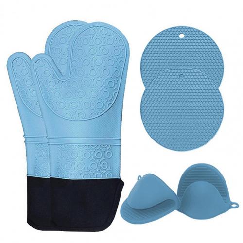 5Pcs/Set Oven Mitts Flexible Heat Insulation Silicone Extra Long Mittens Gloves Pot Holders Placemat for Kitchen: Sky Blue