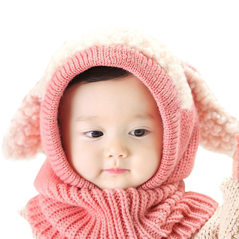 Chapeau d&#39;hiver avec écharpe pour bébé, bonnet à capuche, couvre-chef tricoté, mignon, pour enfants: Rose