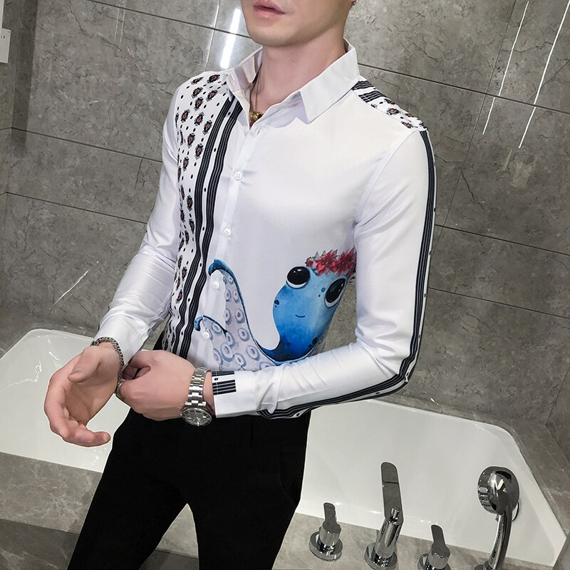 Syksyn miesten paidat digiprintti valkoiset paidat miehille vaatteet korealainen slim fit pitkähihainen miesten smokkimekko 3xl