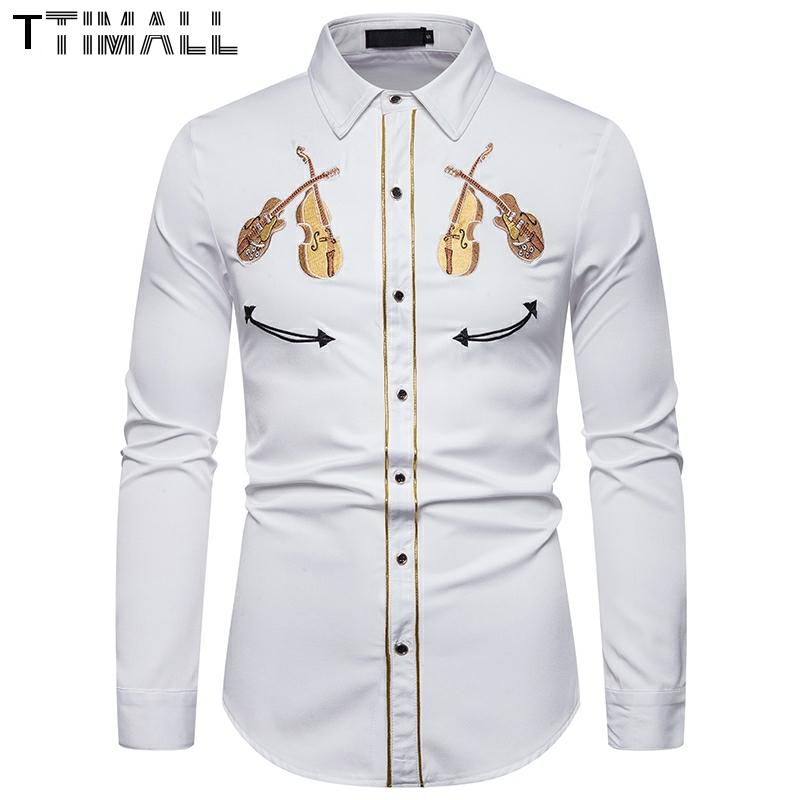 Mænds western cowboy violin broderi skjorte afslappet button down skjorter slim fit langærmede festskjorter personlighed