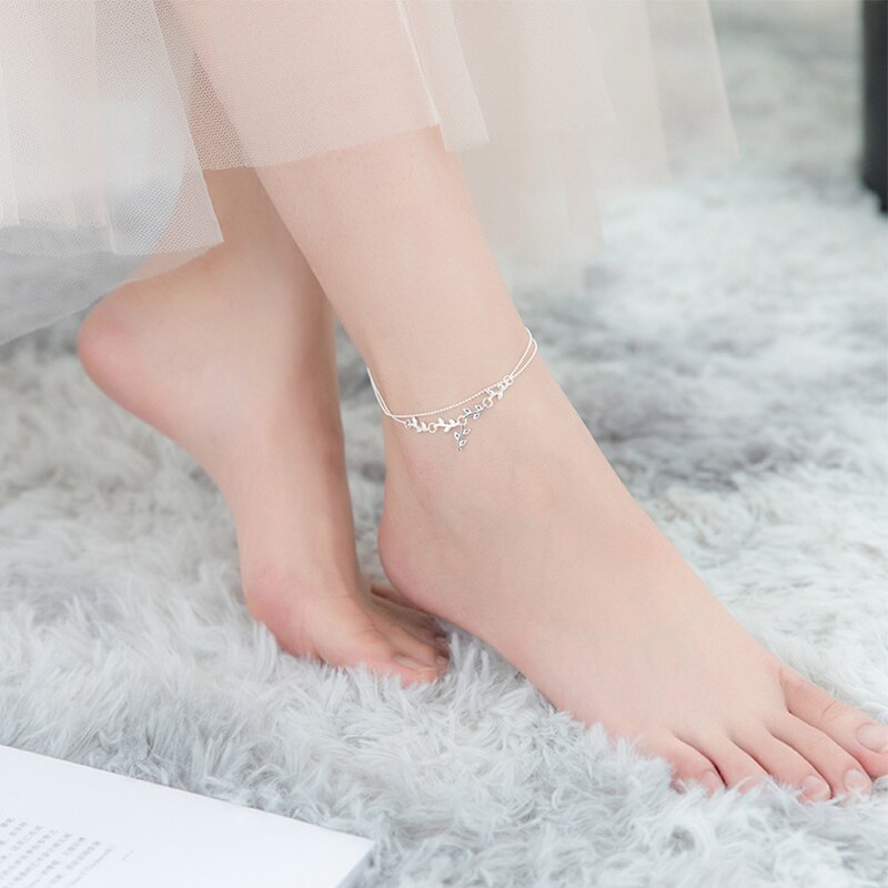 Branches Leaves Anklet 925 sterling silver Leaf Double layer Bead Leg Chain Ankle Bracelets for Women Girl Sandals Foot Jewelry