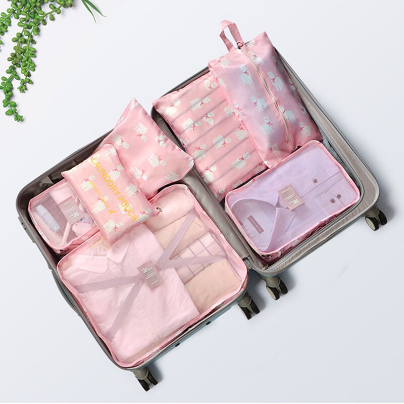 7 pçs/set organizador de viagem roupas kit acabamento partição portátil bolsa saco cosméticos sacos armazenamento acessórios viagem para casa: Pink sheep