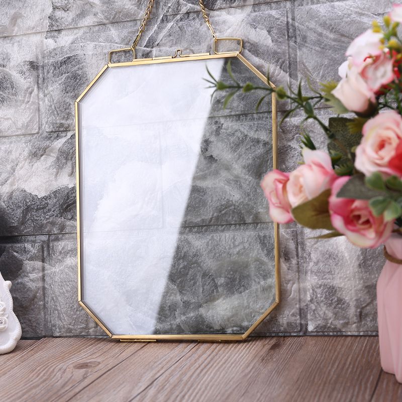 Achthoekige zwevende hangende fotolijst van metaal en glas, portretfoto, plantenhouder, dubbelzijdig, decoratie voor thuis