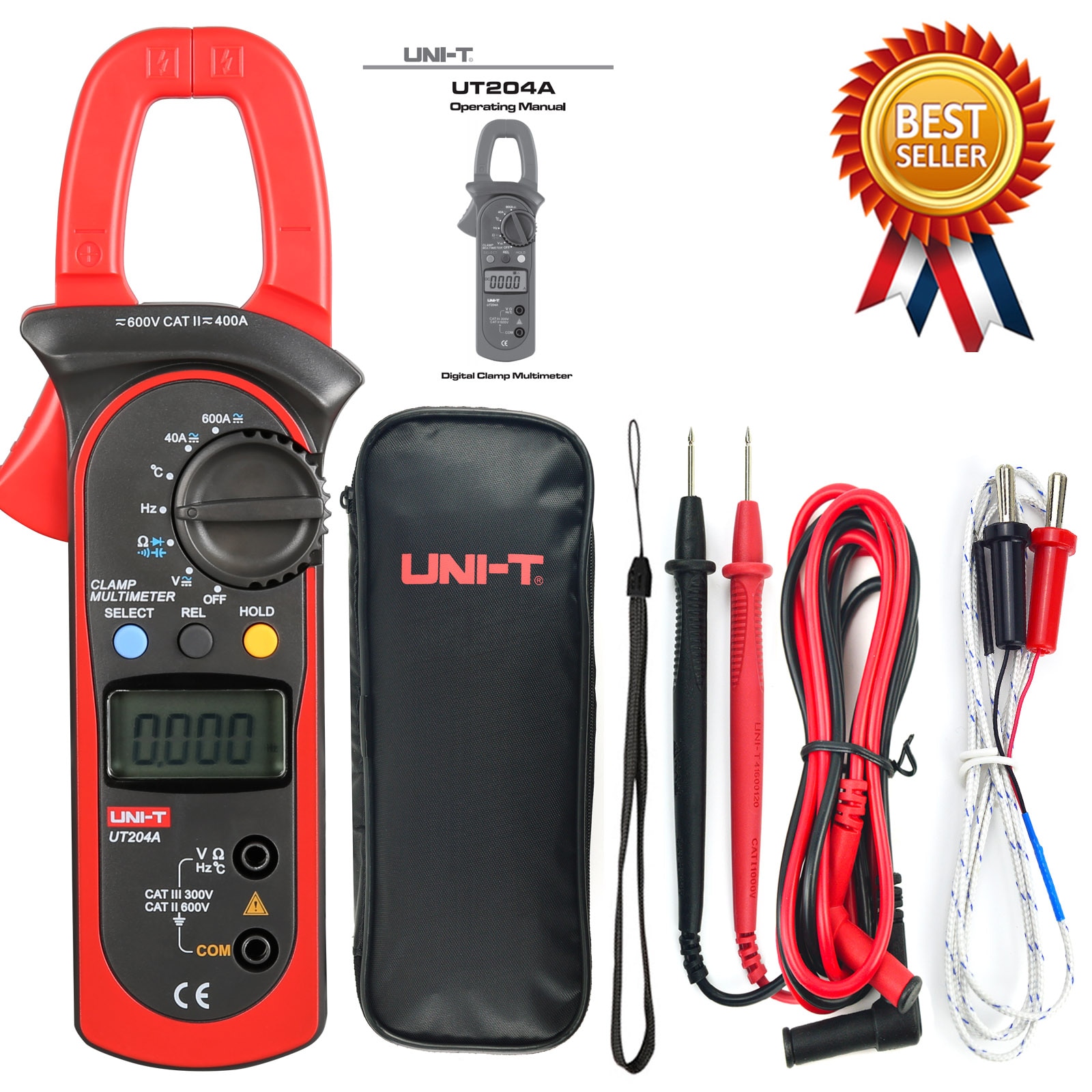 UNI-T UT204A 600A AC DC Digital Clamp Meters With Temperature Test Auto Range 600V Voltage Continuity Buzzer