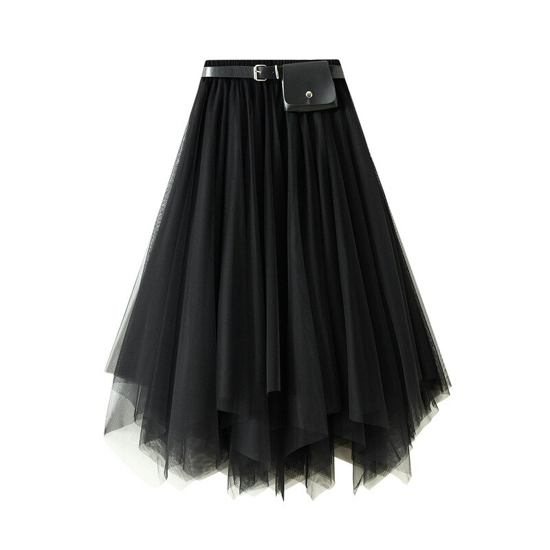 Jupe Tutu mi-longue décontractée pour femmes, couleur unie, taille haute, avec ceinture, poches irrégulières, Simple, élégante, en Tulle, printemps automne, 2022: Black