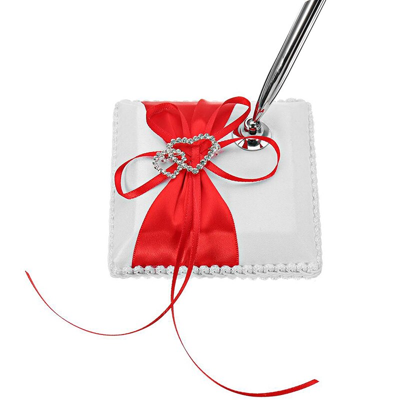 Bryllupsgæstebog med penholder sæt satinbuer signaturbog med diamanter kærlighedsform til festdekorationer-rød + hvid