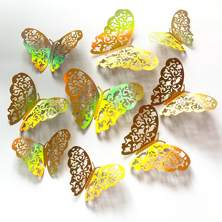 Autocollant mural papillon 3D ajouré coloré doré, 12 pièces, décorations de mariage, décoration de salon, sparadrap d&#39;art pour la maison: Style A