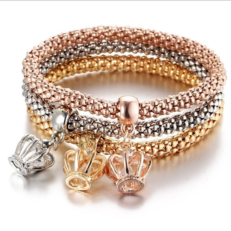 3Pcs Crystal Bracelet Tree of Life Owl Bracelets Inside Rhinestone Elastic Popcorn Chain Bracelet For WomenJewelry: Crown