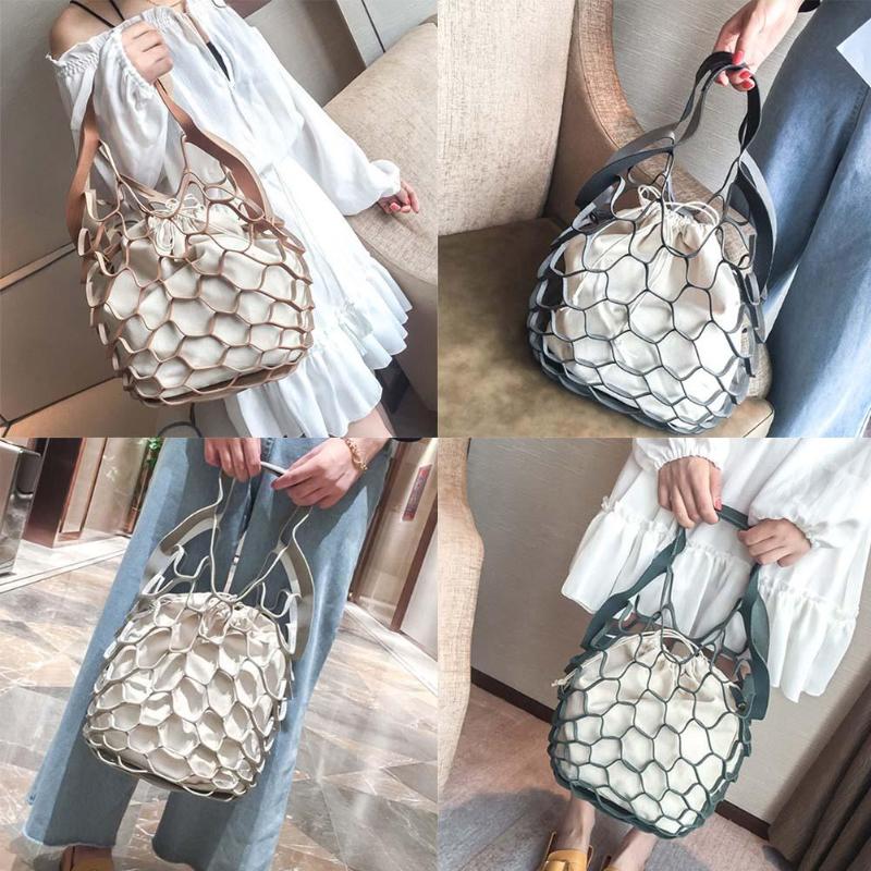 Weixier Holle Mesh Lederen Stro Bag Sac A Main Trekkoord Strand Schouder Emmer Tas Dames Eenvoudige Vis Tassen Voor LL-79