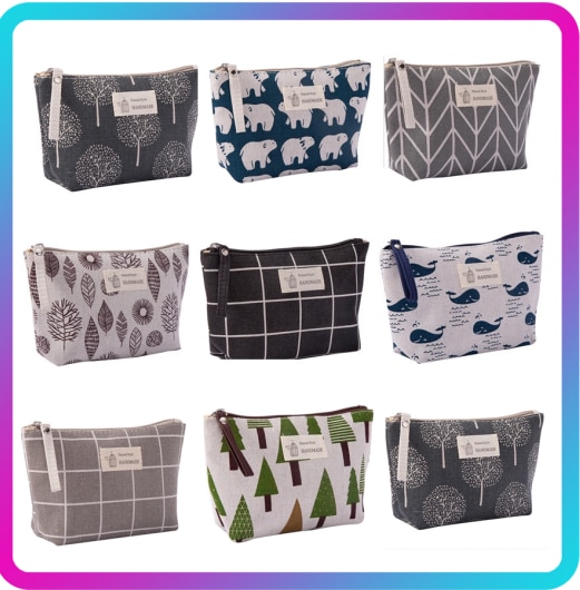 Neceser de maquillaje para mujer, kit de viaje a cuadros, bolsa para cosméticos de lienzo con cremallera impresa, bolso de teléfono, organizador, conjunto de maquillaje de belleza