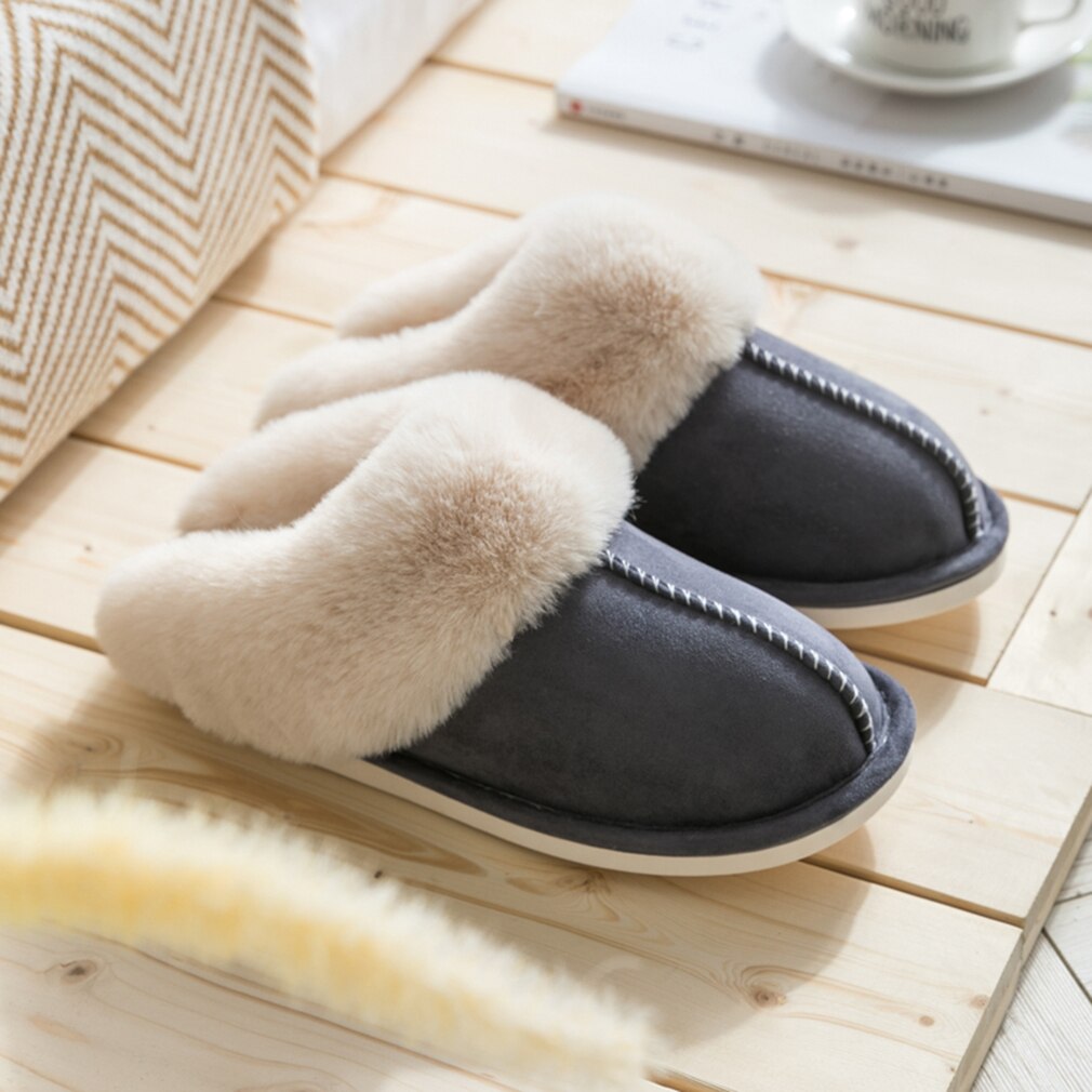 Nouvelles femmes fourrure maison pantoufles daim plat coton chaussures homme en peluche pantoufles Couple chambre diapositives fourrure intérieur chaussures: Dark Gray Men / 10