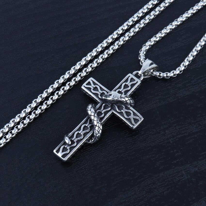 Slang Gewikkeld In Cross Enkele Titanium Schrift Cross Ketting Rvs Zwart Gebed Choker Kruis Hangers Voor Mannen Colar