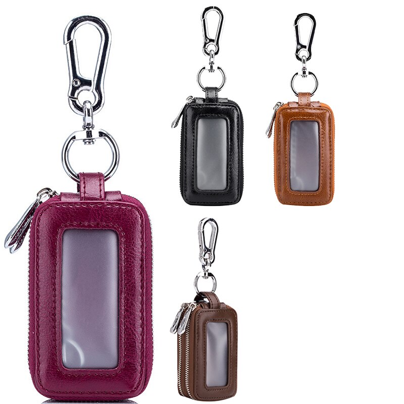 Couro para casa caso chave do carro duplo bolso zíper mini carteira masculino e feminino chaveiro bolso transparente