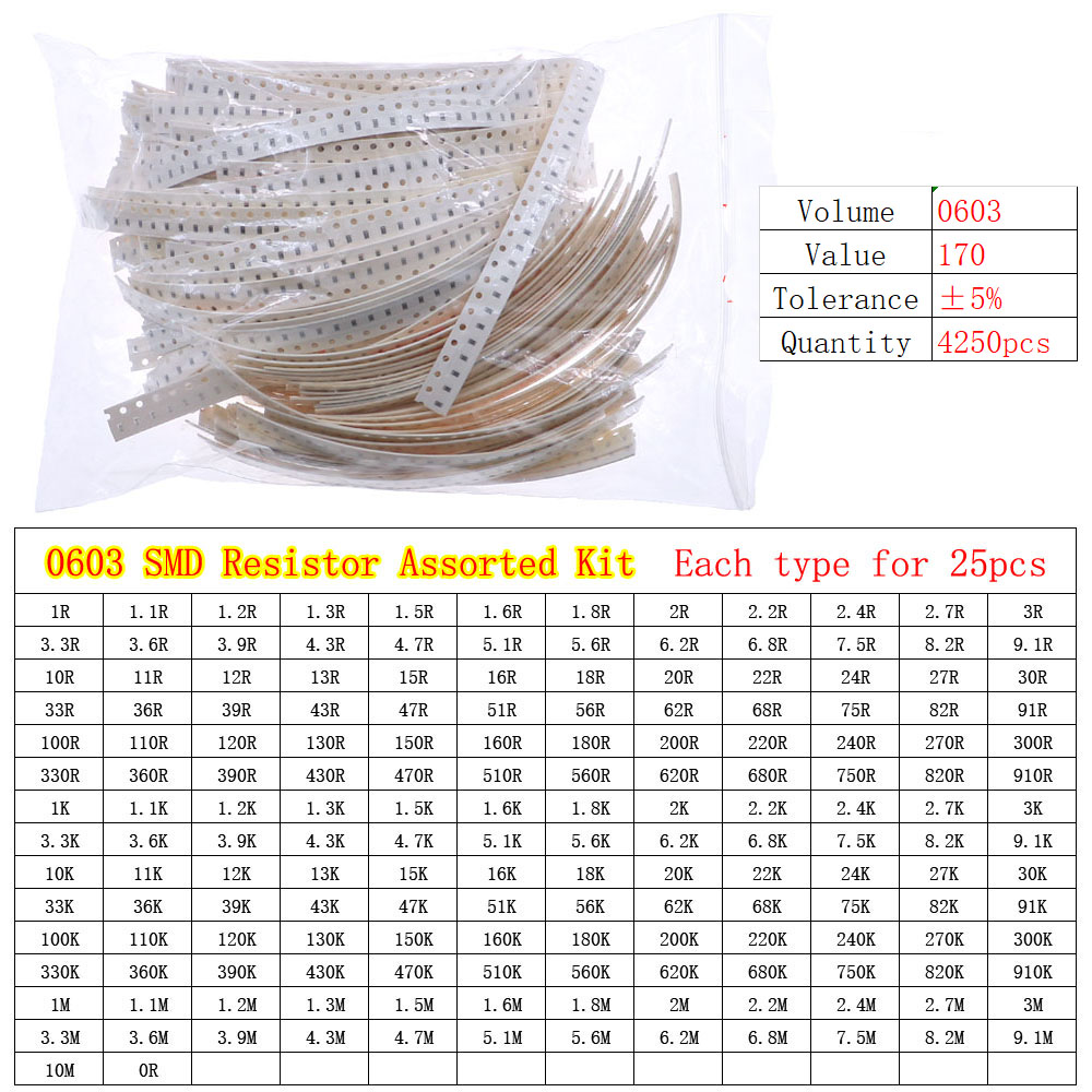 0402 0603 0805 1206 2512 SMD Chip Fixed Resistor 0ohm-10Mohm Assortment Kit pack: Blue